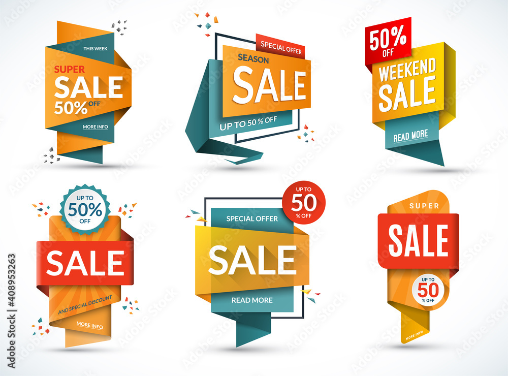 Set of sale banners. Special offer templates. Discount labels. Up to 50 percent off vector badges. Half price colorful stickers. Shopping backgrounds