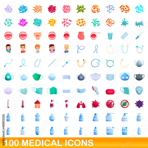 100 medical icons set. Cartoon illustration of 100 medical icons vector set isolated on white background