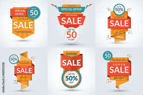 Set of sale banners. Special offer templates. Discount labels. Up to 50 percent off vector badges. Half price colorful stickers. Shopping backgrounds