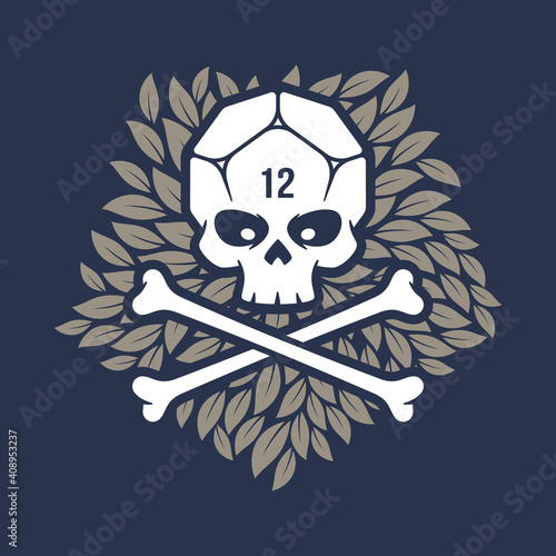 Vector skull with crossbones instead of head dice 12 sided. Leaves in the background.