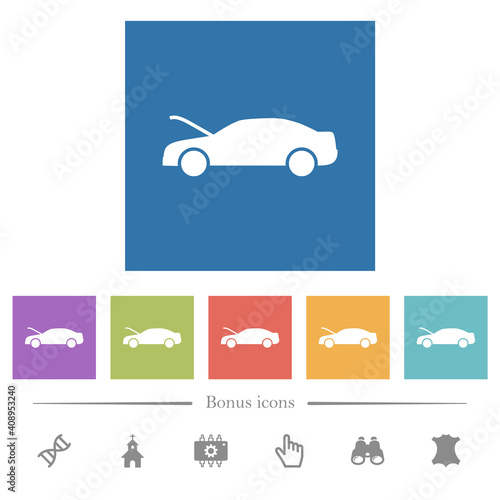 Car hood open dashboard indicator flat white icons in square backgrounds