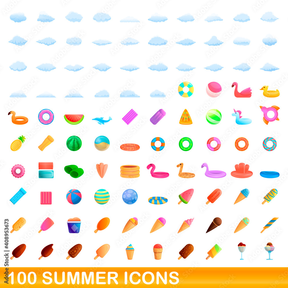 100 summer icons set. Cartoon illustration of 100 summer icons vector set isolated on white background 100 summer icons set. Cartoon illustration of 100 summer icons vector set isolated on white background