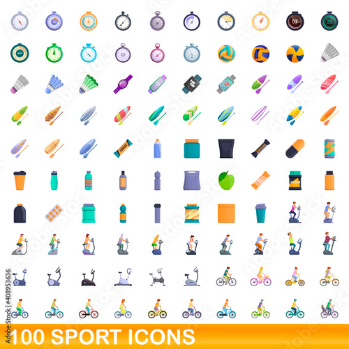100 sport icons set. Cartoon illustration of 100 sport icons vector set isolated on white background