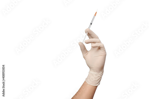 Fotografie isolated hand in a medical glove preparing for an injection with a syringe on a white background