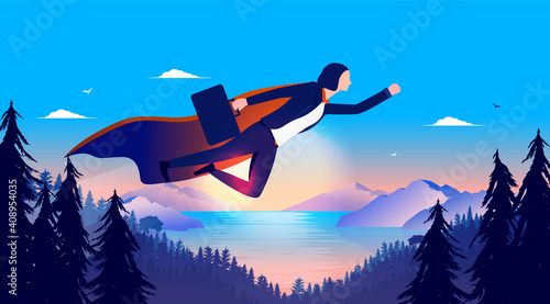 Superwoman in business - Businesswoman with cape flying trough landscape on a mission to success. Woman career hero concept. Vector illustration.