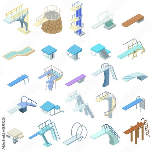 Diving board icons set. Isometric set of diving board vector icons for web design isolated on white background