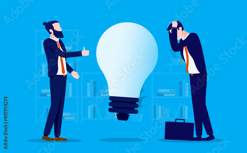 Bad idea - Businessman presenting bad idea to colleague, showing thumbs up, getting unwanted reaction. Vector illustration.