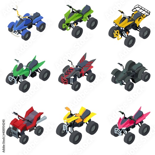 Quad bike icons set. Isometric set of quad bike vector icons for web design isolated on white background