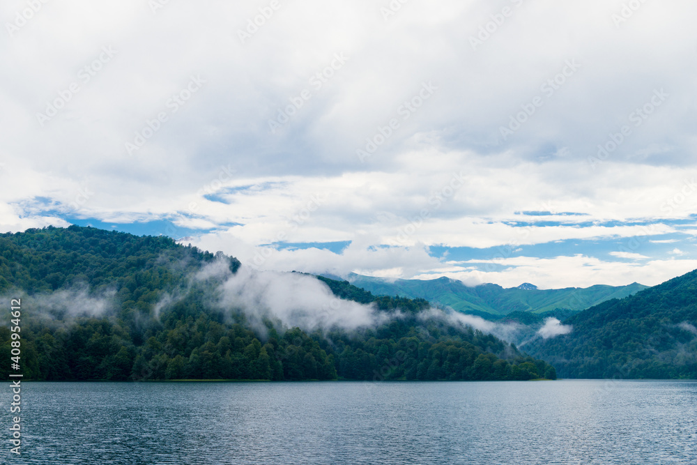 Azerbaijan, Goygol: Panoramic view landscape scenery on famous Lake  near Ganja