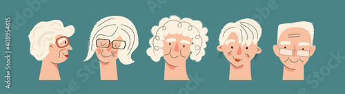 Portraits of senior people Set of mature adult avatar Elderly character Old men and women. Joyful aged friends smiling. Grandfather and grandmother modern flat vector illustration