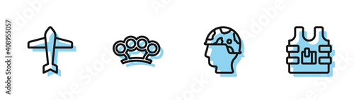 Set line Army soldier, Jet fighter, Brass knuckles and Bulletproof vest icon. Vector.