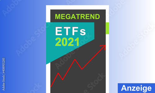 Buch über ETF Exchange Traded Fund börsennotierter Indexhandel als Megatrend für 2021 vor blau weißem Hintergrund mit Farbverlauf