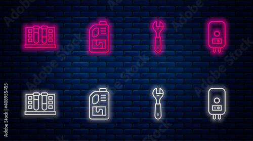 Set line Drain cleaner bottle, Wrench spanner, Test tube with water drop and Electric boiler. Glowing neon icon on brick wall. Vector.