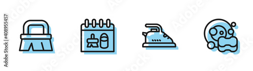 Set line Electric iron, Brush for cleaning, Cleaning calendar and Washing dishes icon. Vector.