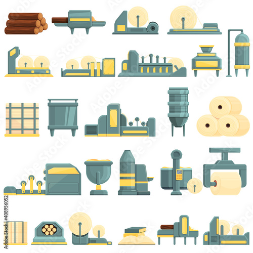 Paper production icons set. Cartoon set of paper production vector icons for web design