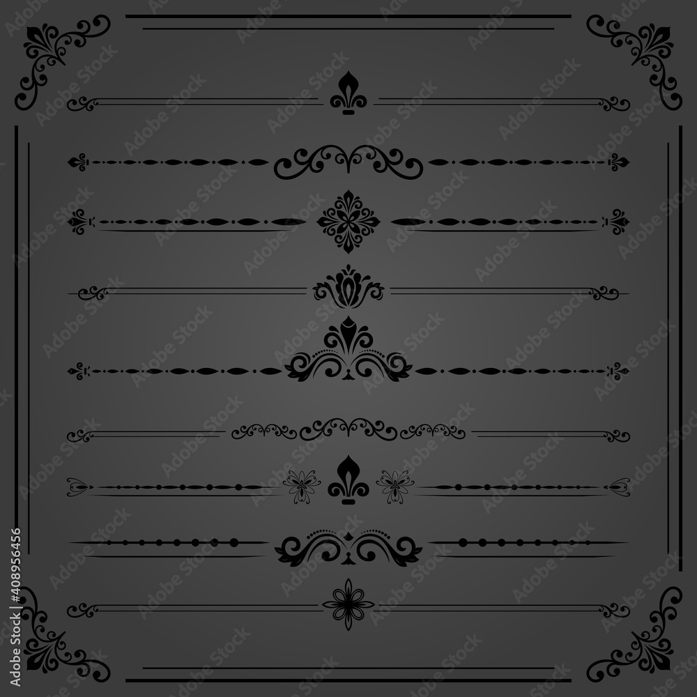 Vintage set of decorative elements. Horizontal separators in the frame. Collection of different ornaments. Classic patterns. Set of vintage black patterns