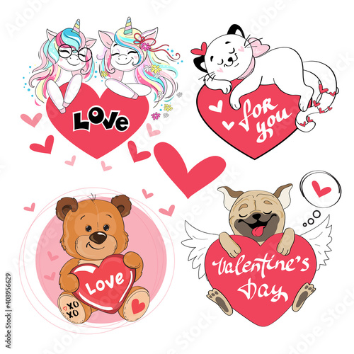 Cute collection of animals with hearts. Valentine's day concept. Unicorns, pug dog, cat and teddy bear. Vector illustration of cute animals isolated cartoon