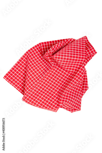 Closeup of a red and white checkered napkin or tablecloth texture isolated on white background. Kitchen accessories.
