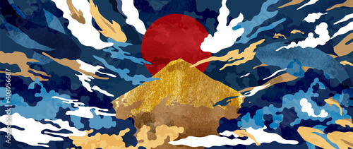 Luxury oriental style wall arts vector. Abstract arts design with Koi fish, Mount Fuji, Red sun, cloud,  watercolor texture and brush design for wallpaper, wall framed prints and canvas prints. 