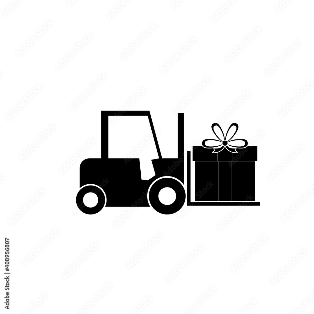 Forklift truck with big gift box icon isolated on white background