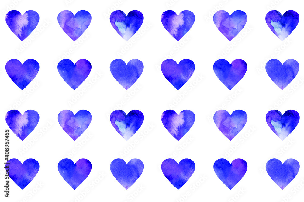 Set of vector violet watercolor hearts. Valentine's Day pattern.