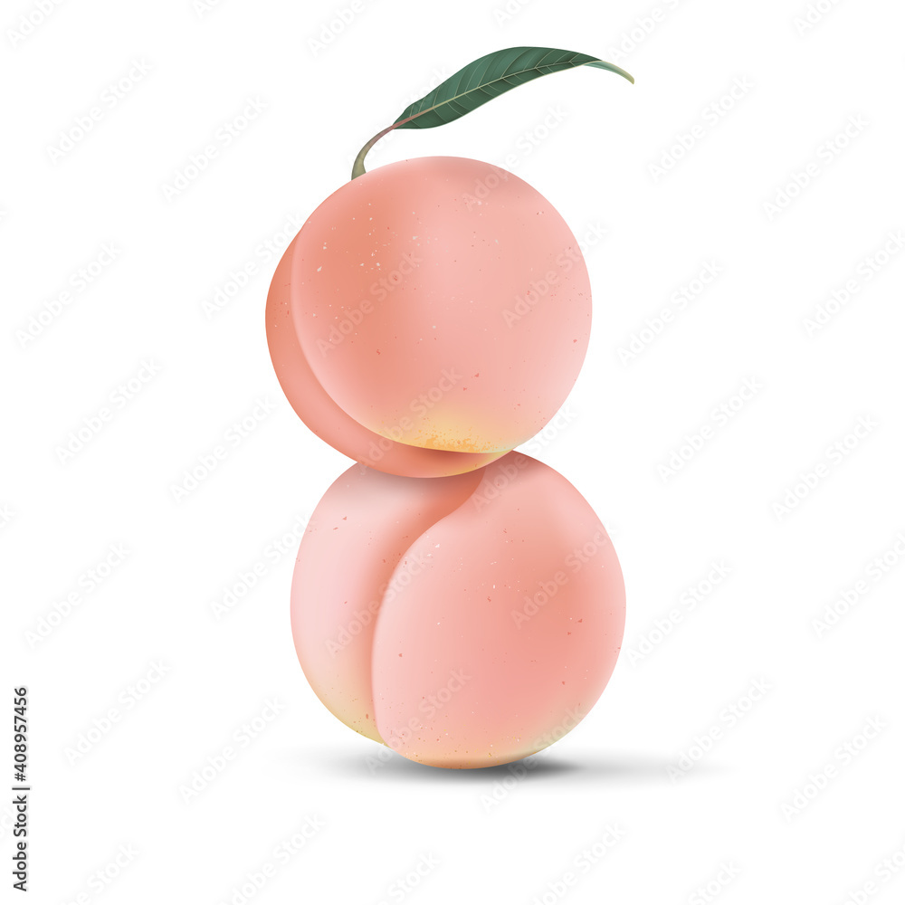 Two fresh peaches with leaves on white Two fresh peaches with leaves on white