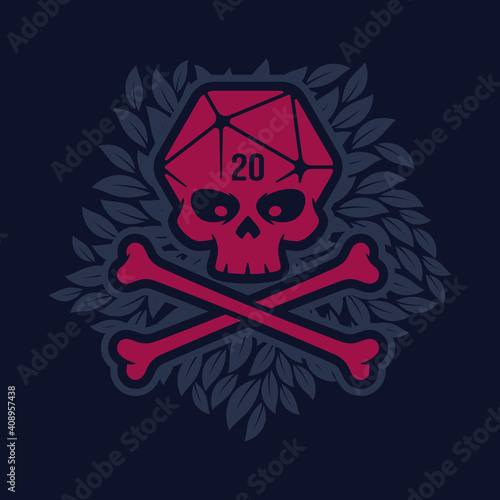 Vector skull with crossbones instead of head dice 20 sided. Leaves in the background.