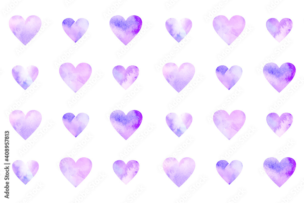 Set of vector pastel violet watercolor hearts. Valentine's Day pattern.