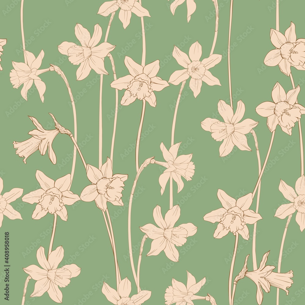 Fototapeta premium Green background art Nouveau with the daffodils. Floral vector pattern.