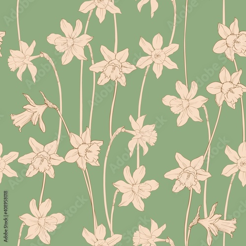 Green background art Nouveau with the daffodils. Floral vector pattern.