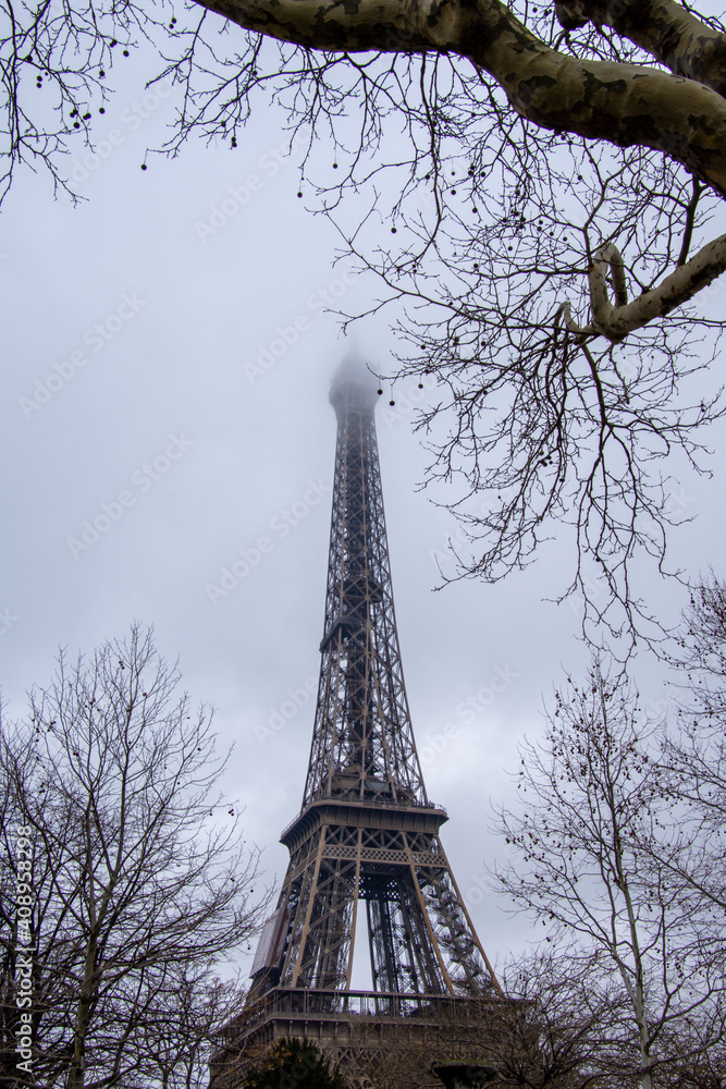 Eiffel Tower in the mist, Paris, France 