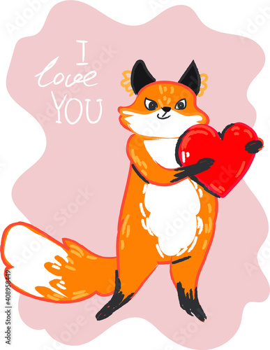 Cute fox holding a gift - a chocolate heart for Valentine's Day with love. Dating with foxy in love