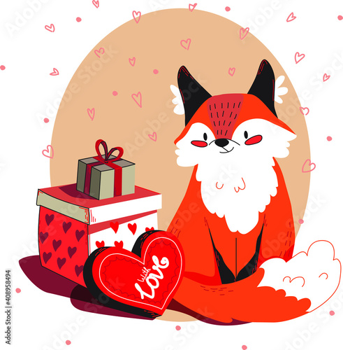 Cute foxy with Valentines presents, gift and chocolate heart. Illustration with love