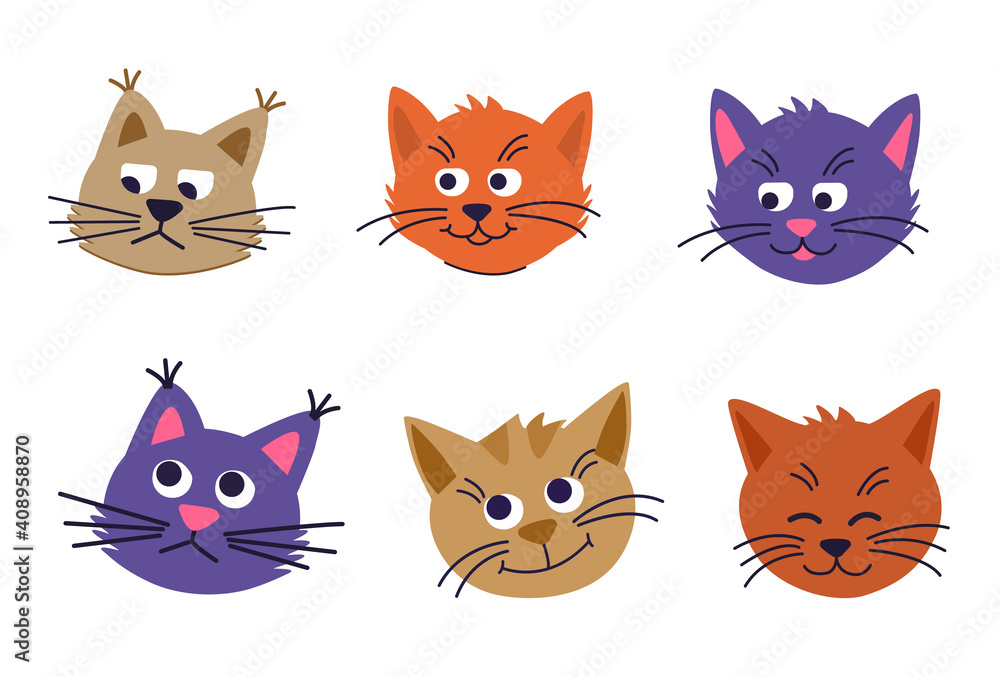 Set Faces of cute cats on a white background. happy, sad and thoughtful cats isolated. Vector cartoon Illustration in flat. collection of cat heads Set Faces of cute cats on a white background. happy, sad and thoughtful cats isolated. Vector cartoon Illustration in flat. collection of cat heads