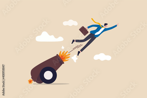 Tela Career boost or job promoted, productivity or advancement in work concept, businessman shot from explosive cannon boosting high to achieve business success