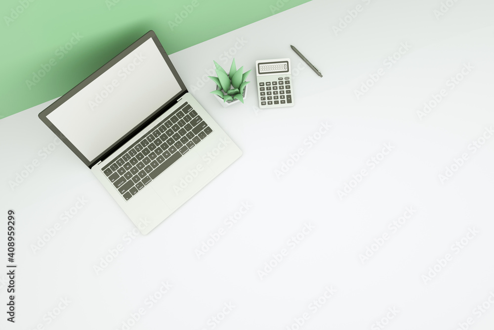 Minimalistic office with laptop with blank screen, calculator, coffee, Green plant and pen on table. work from home concept. 3D Rendering. Minimalistic office with laptop with blank screen, calculator, coffee, Green plant and pen on table. work from home concept. 3D Rendering.
