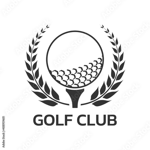 Golf club logo, badge or icon with ball on tee and laurel wreath. Vector illustration.  