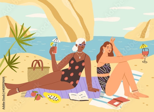 Happy women drinking cocktails on sandy beach at seaside resort. Two girlfriends relaxing and enjoying sunbathing. Leisurely holiday and slow life concept. Colored flat vector illustration