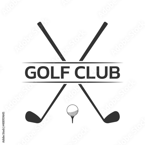Golf club logo, badge or icon with crossed golf clubs and ball on tee. Vector illustration.  