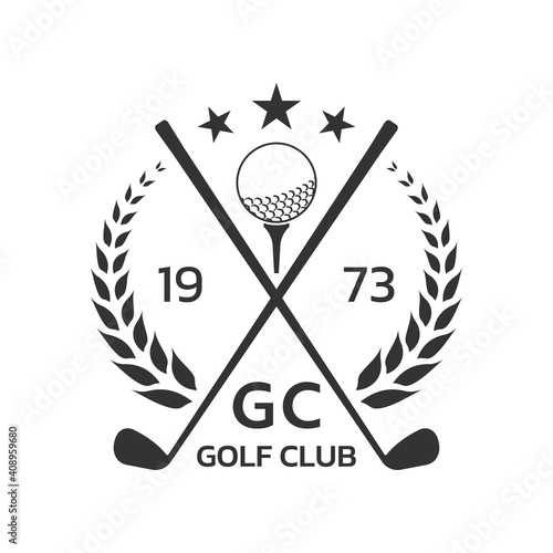 Golf club logo, badge or icon with crossed golf clubs and ball on tee. Vector illustration.  