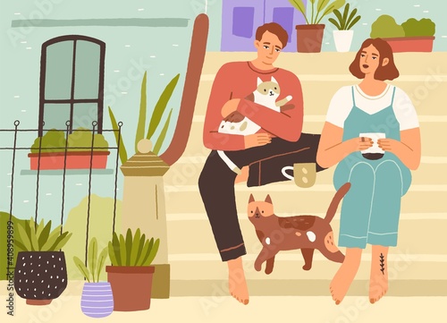 Young couple spending leisure time together with cats on the front porch of house, drinking tea, relaxing and enjoying slow life. Calm people resting in silence near home. Flat vector illustration