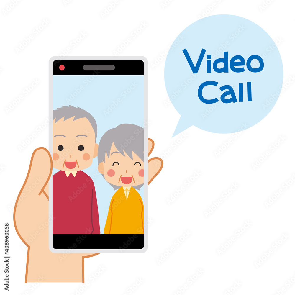 ビデオ通話 可愛いシニアカップル イラスト スマートフォン 手 スマホ画面に映る笑顔 Stock Vector Adobe Stock