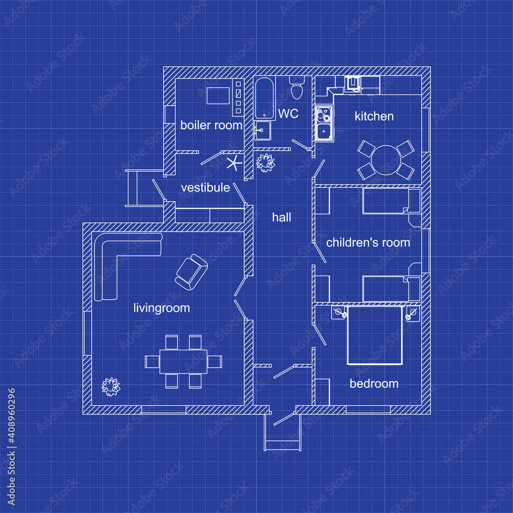 Blueprint floor plan of a modern apartment on graph paper. Vector house interior. Architectural background.