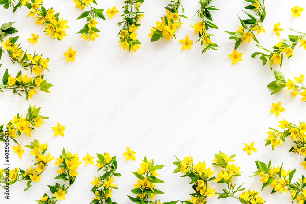 Frame of yellow flowers with leaves. Wreath of wild spring flowers Frame of yellow flowers with leaves. Wreath of wild spring flowers