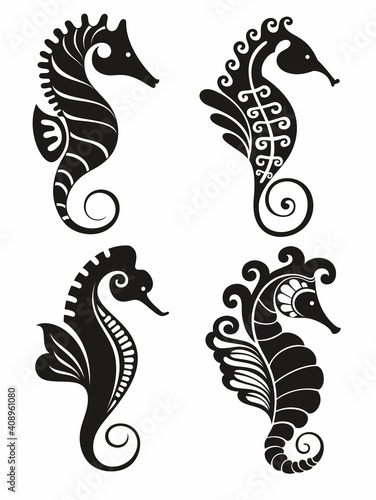 Seahorse graphic icons. Seahorse black signs isolated on white background. Sea life symbol. Tattoo.