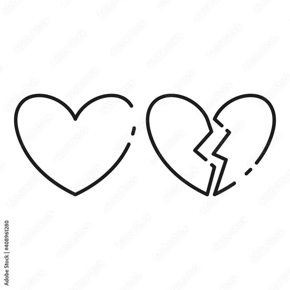 Whole and broken hearts. A symbol of love and romance. Thin line icons for web, applications and design. Minimalistic flat style. Whole and broken hearts. A symbol of love and romance. Thin line icons for web, applications and design. Minimalistic flat style.