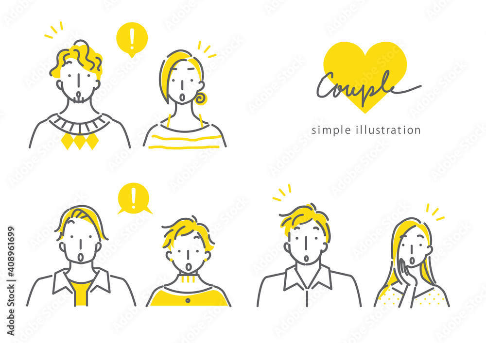 simple line art illustration,  expressive　couples in bicolor, find something