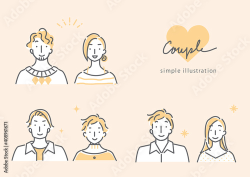 3組のカップルのシンプルでおしゃれな線画イラスト素材セット