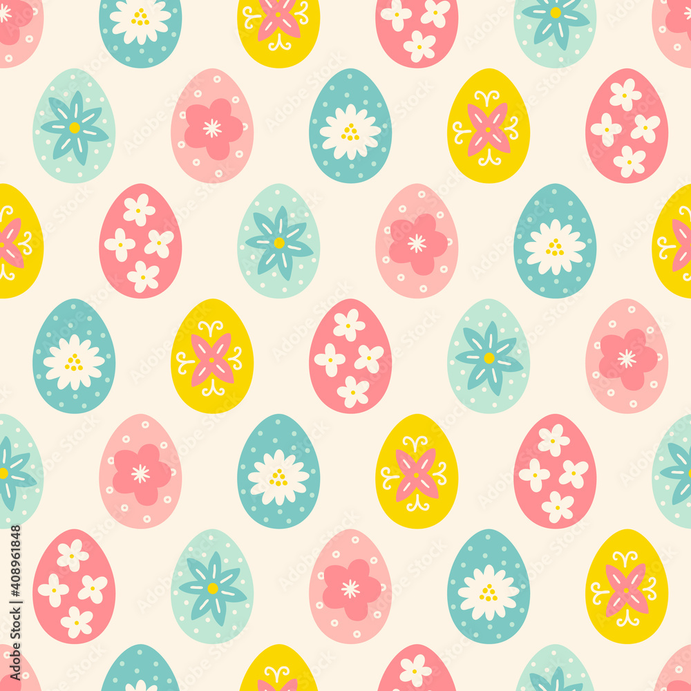Easter seamless pattern with colorful eggs and flowers. Scandinavian style