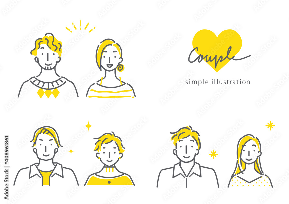 simple line art illustration, expressive couples in bicolor, smiling face simple line art illustration, expressive couples in bicolor, smiling face